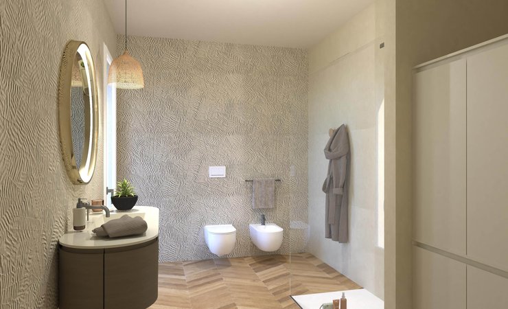 Immagine di progetto bagno di forma Rettangolare, realizzato con piastrelle a pavimento FAPNEST e piastrelle a rivestimento BLOOM