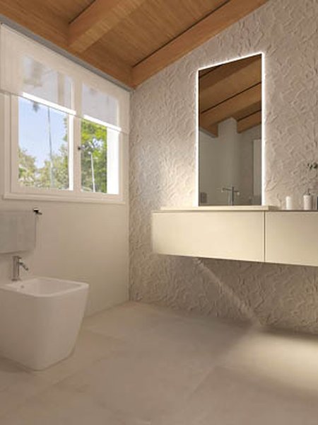 Image du projet de salle de bains de forme Au carré, réalisée avec carreaux muraux LUMINA SAND ART