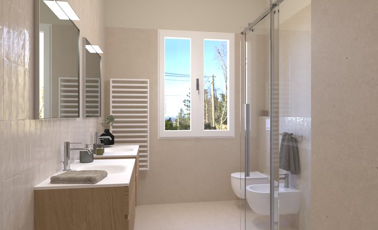 Immagine di progetto bagno di forma Rettangolare, realizzato con piastrelle a pavimento MATERIA PURA e piastrelle a rivestimento GLIM, MATERIA PURA