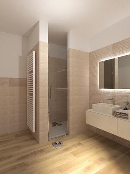 Immagine di progetto bagno di forma Quadrato, realizzato con piastrelle a pavimento FAPNEST e piastrelle a rivestimento MAKU