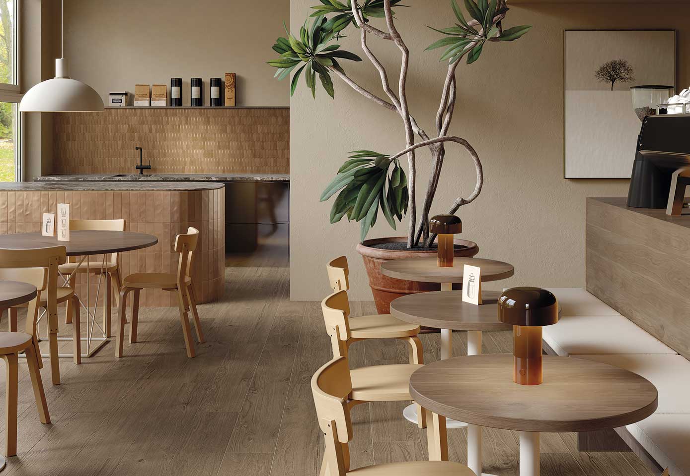 Cafeteria with dark oak wood effect floor, light wood furniture, brick effect ceramic clad counter and beige walls.