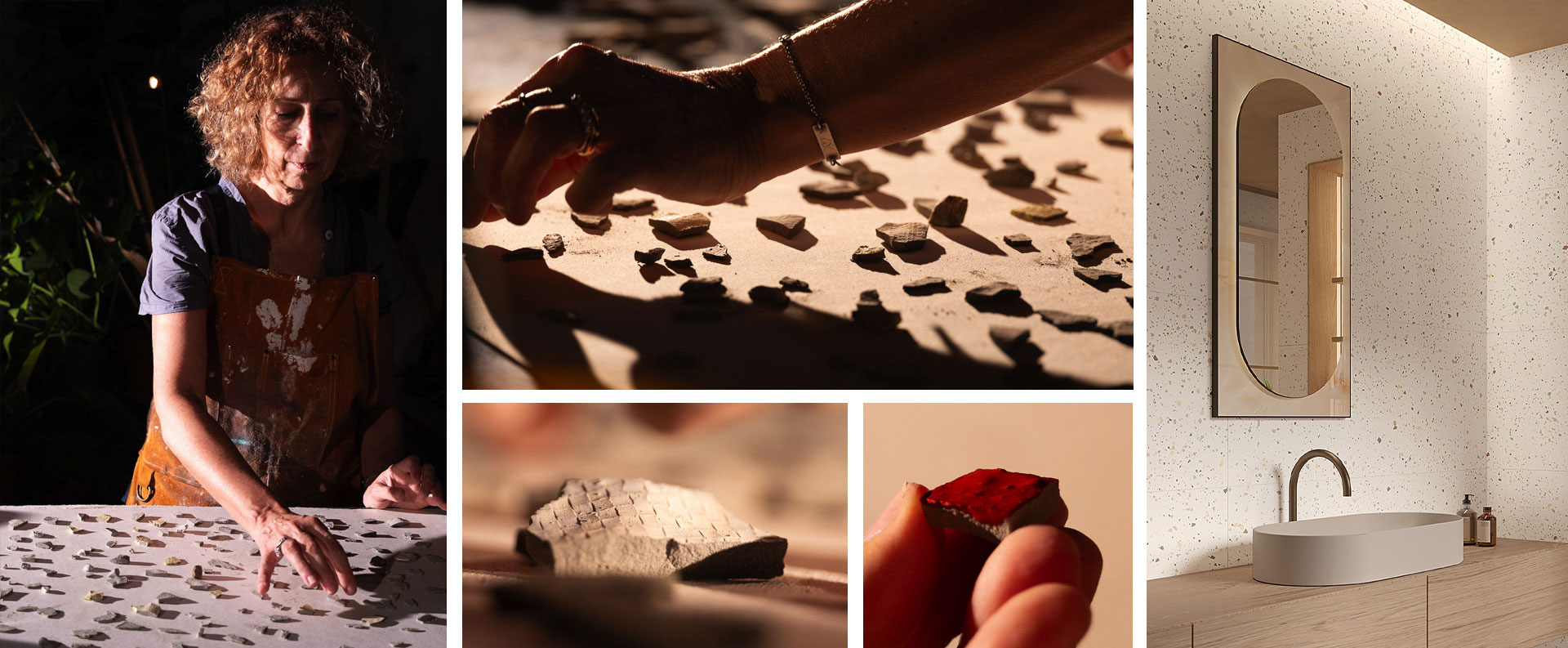 Manual selection of ceramic shards and tiles, inspiration for terrazzo effect surfaces in contemporary bathroom environments.