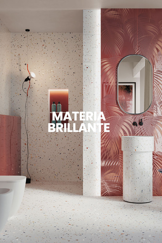 Bathroom with light dotted terrace, glossy coral red leaf wall, striped cylindrical washbasin and illuminated niche with accessories.