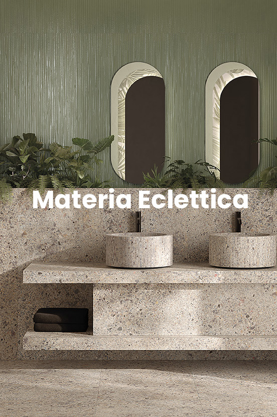 Contemporary bathroom with beige stone-effect walls and floors, olive green fixtures, and shiny green vertical wall tiles.