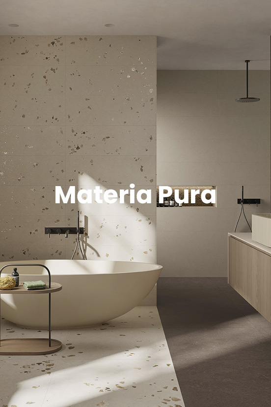 Modern bathroom with beige wall tiles and shiny gold details, freestanding oval bathtub, and light wood sink countertop.