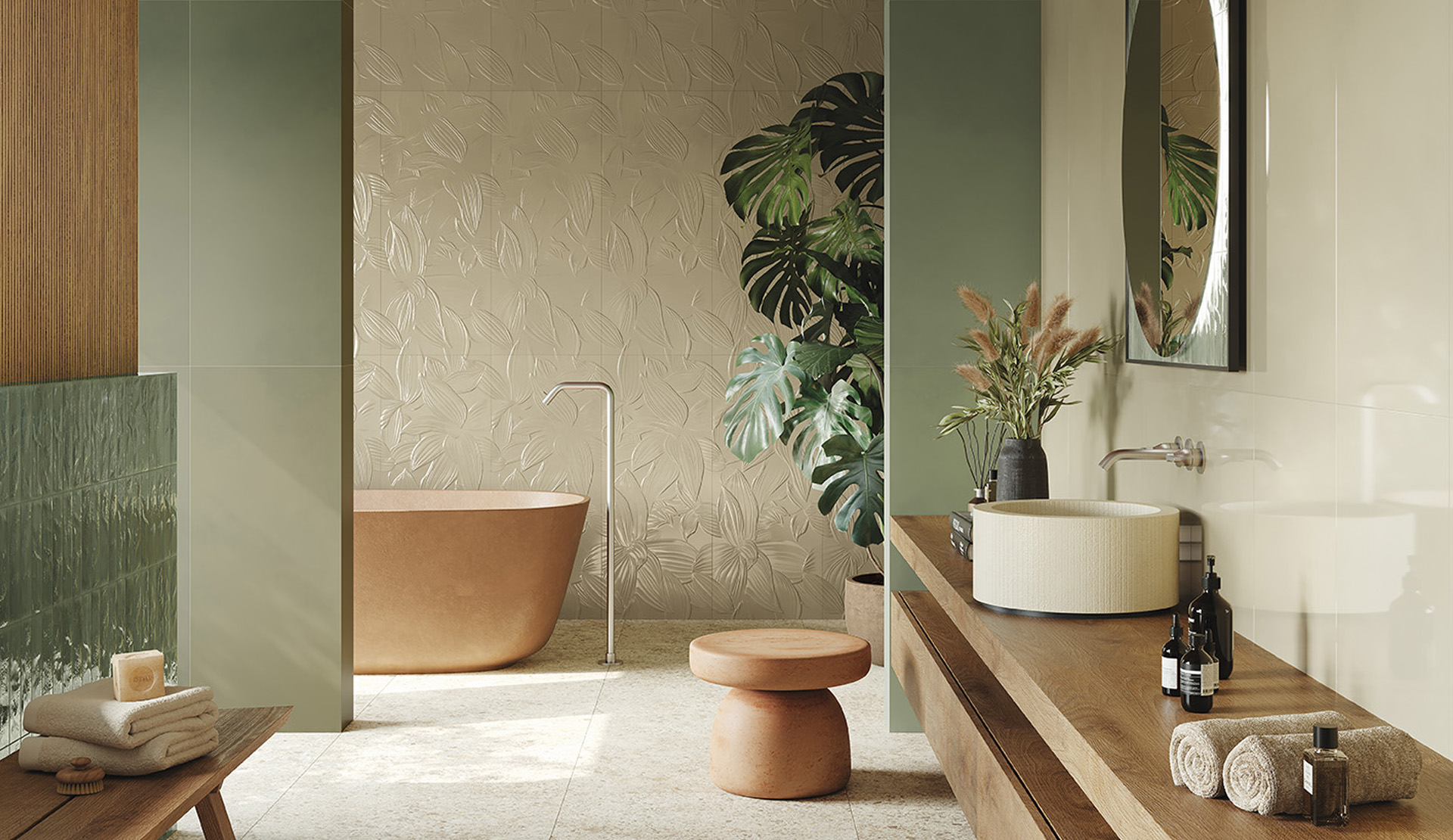 Modern bathroom with shower with three-dimensional wave-effect ceramic wall tiles, neutral colors, freestanding washbasin, and minimal furniture in wood and matte black.