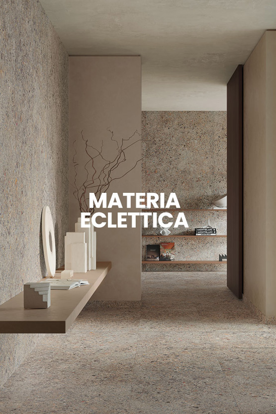 Room with warm terrazzo-effect surfaces, suspended shelf with decorative objects and matching niches in earthy tones.