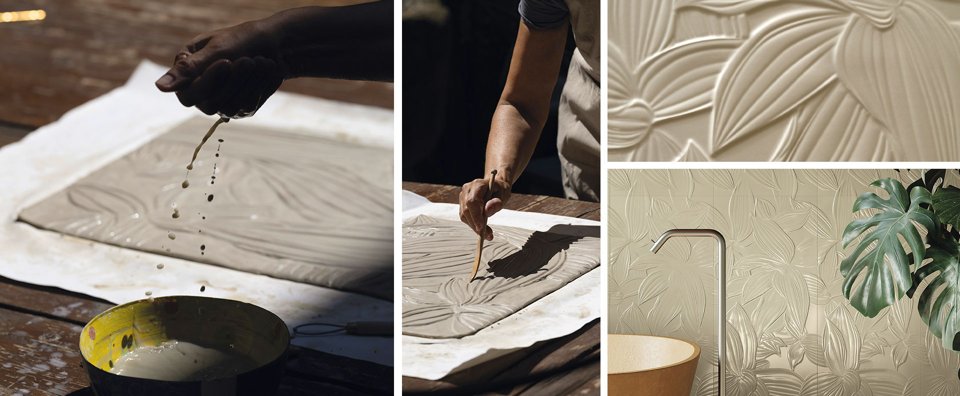 Hand sculpting undulating patterns on sand, inspiration for relief effect ceramic wall tiles in elegant bathroom environments.