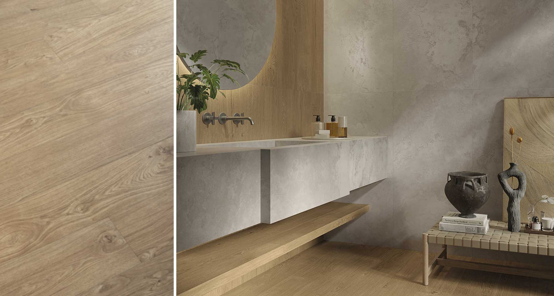 Bathroom with gray stone and wood effect wall tiles, wall-hung sink, wood effect floor, and decorative ceramic and metal details.