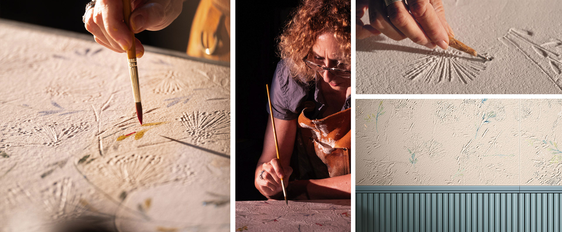 Hand etching and painting natural motifs on rough substrate in a creative process for naturally styled decorative tiles.