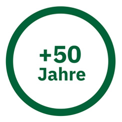 Grünes „+50 Jahre“-Symbol in einem Kreis, das die Langlebigkeit der keramischen Oberflächen von FAP Ceramiche im Laufe der Zeit darstellt.