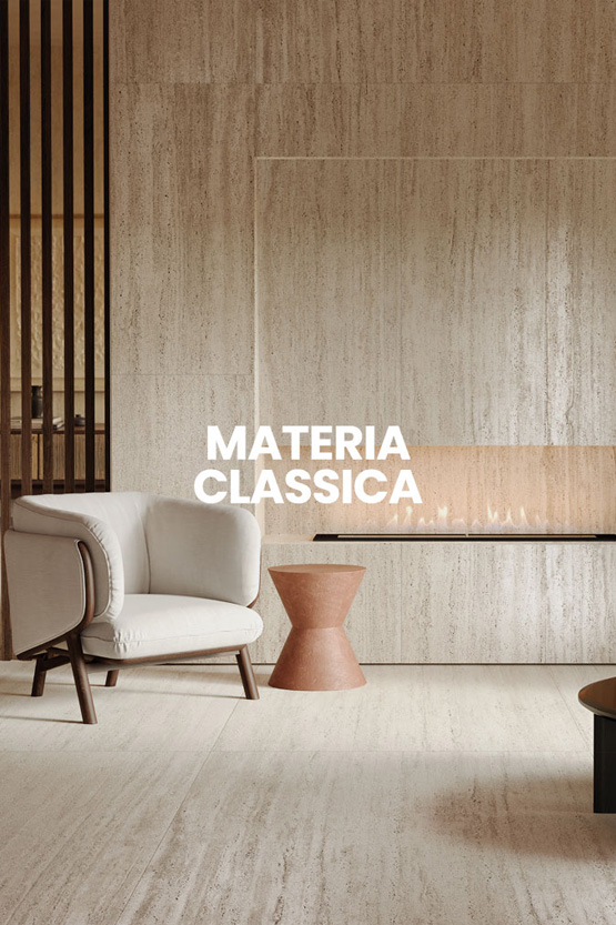 Living room in beige travertine with linear fireplace, light modern armchair and sculptural terracotta coffee table on a natural background.