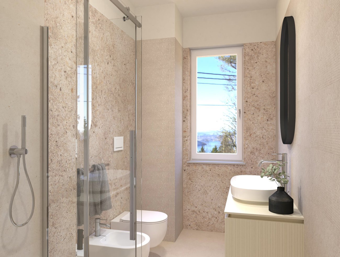 Immagine di progetto bagno di forma Rettangolare, realizzato con piastrelle a pavimento MATERIA PURA e piastrelle a rivestimento MATERIA ECLETTICA, MATERIA PURA