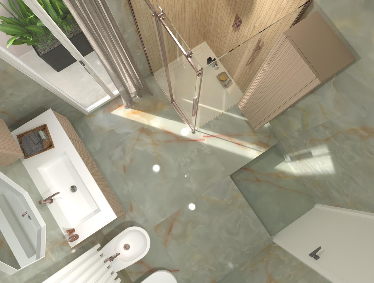 Bathroom design image in Squared shape, created with floor tiles GEMME and wall tiles PLEIN AIR, GEMME