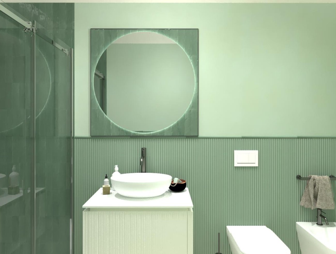 Bathroom design image in Rectangular shape, created with floor tiles NOBU and wall tiles GLIM, TRUE COLOR