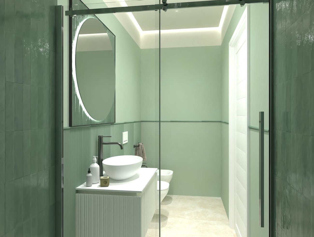 Bathroom design image in Rectangular shape, created with floor tiles NOBU and wall tiles GLIM, TRUE COLOR
