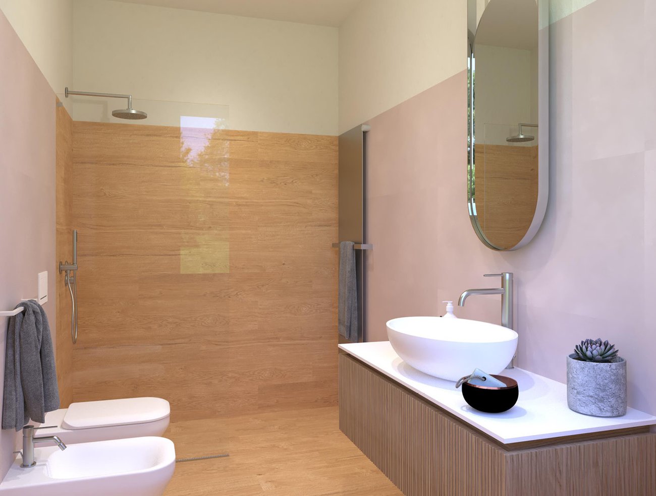 Immagine di progetto bagno di forma Rettangolare, realizzato con piastrelle a pavimento PLEIN AIR e piastrelle a rivestimento PLEIN AIR, MILANO MOOD