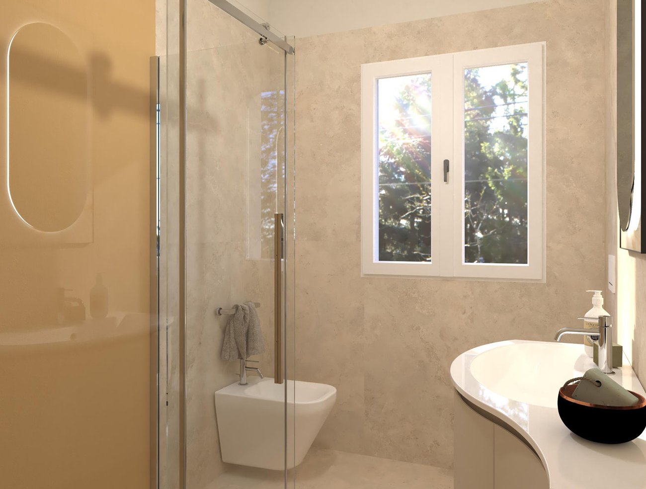 Bathroom design image in Rectangular shape, created with floor tiles VENTO DEL SUD and wall tiles TRUE COLOR, VENTO DEL SUD