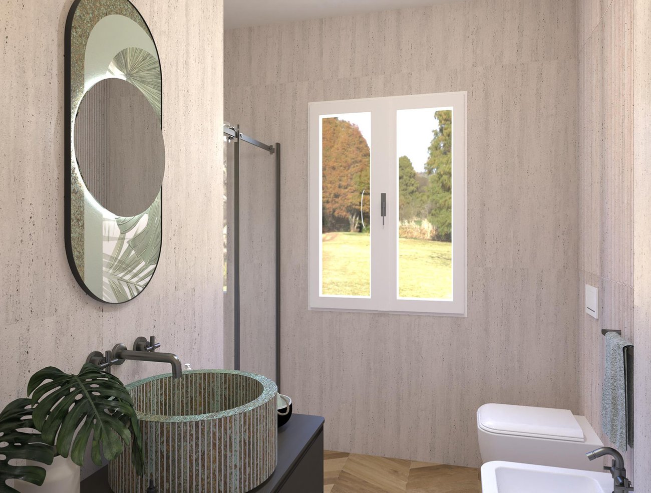 Bathroom design image in Squared shape, created with floor tiles FAPNEST and wall tiles MATERIA CLASSICA