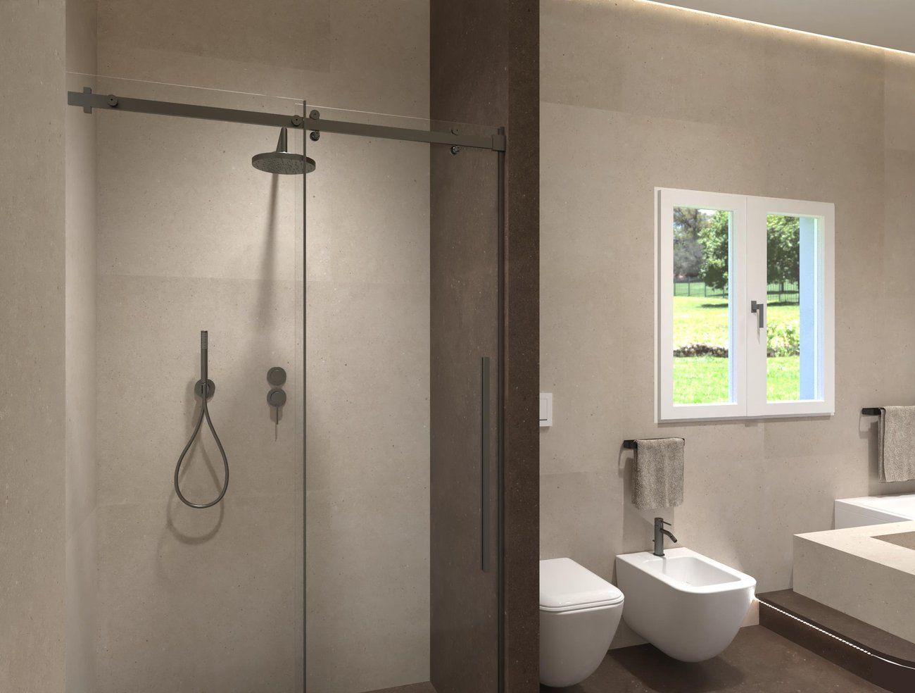 Bathroom design image in Rectangular shape, created with floor tiles MATERIA PURA and wall tiles MATERIA PURA