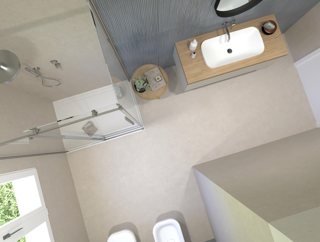 Immagine di progetto bagno di forma Rettangolare, realizzato con piastrelle a pavimento MATERIA PURA e piastrelle a rivestimento MATERIA BRILLANTE, MATERIA PURA