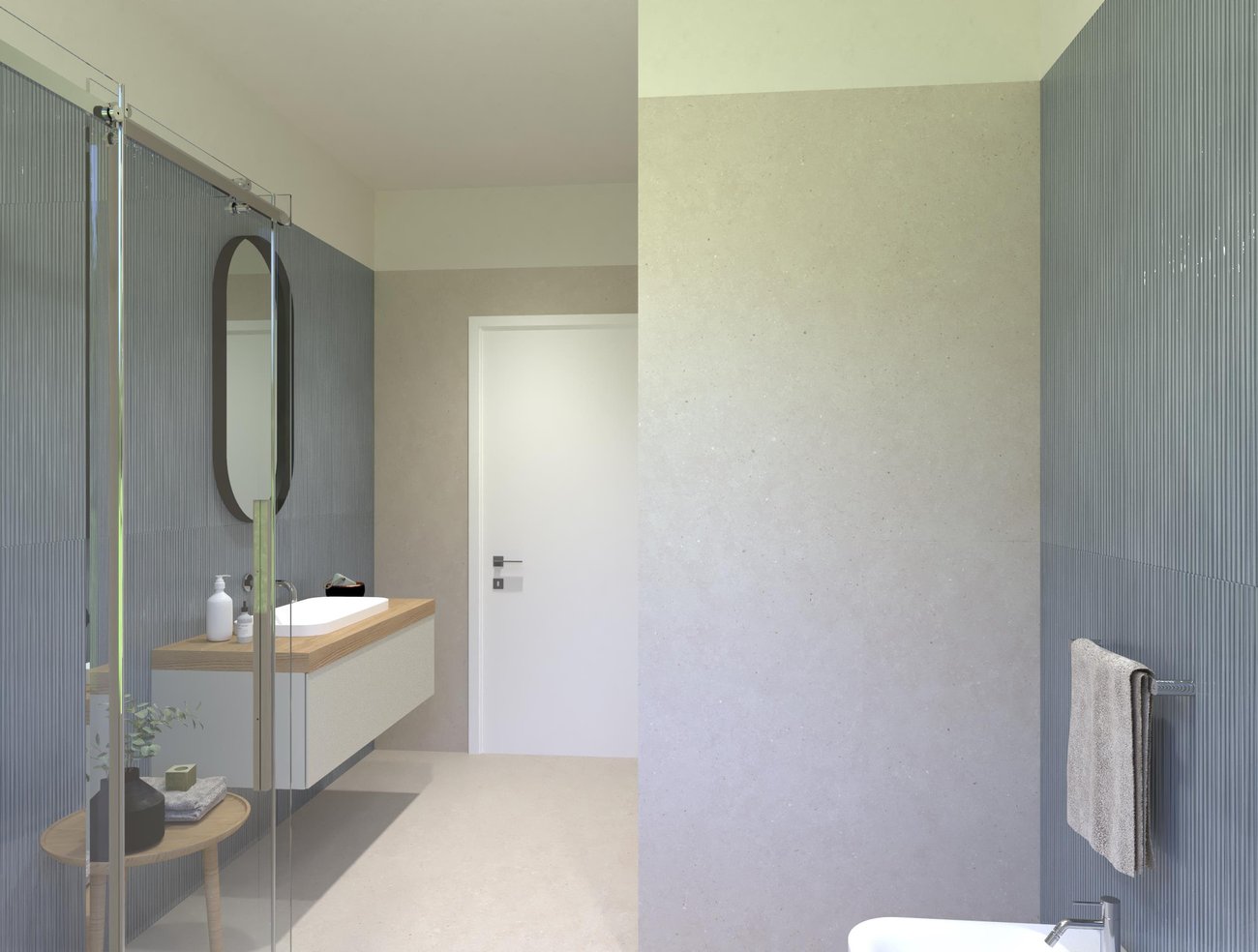 Immagine di progetto bagno di forma Rettangolare, realizzato con piastrelle a pavimento MATERIA PURA e piastrelle a rivestimento MATERIA BRILLANTE, MATERIA PURA