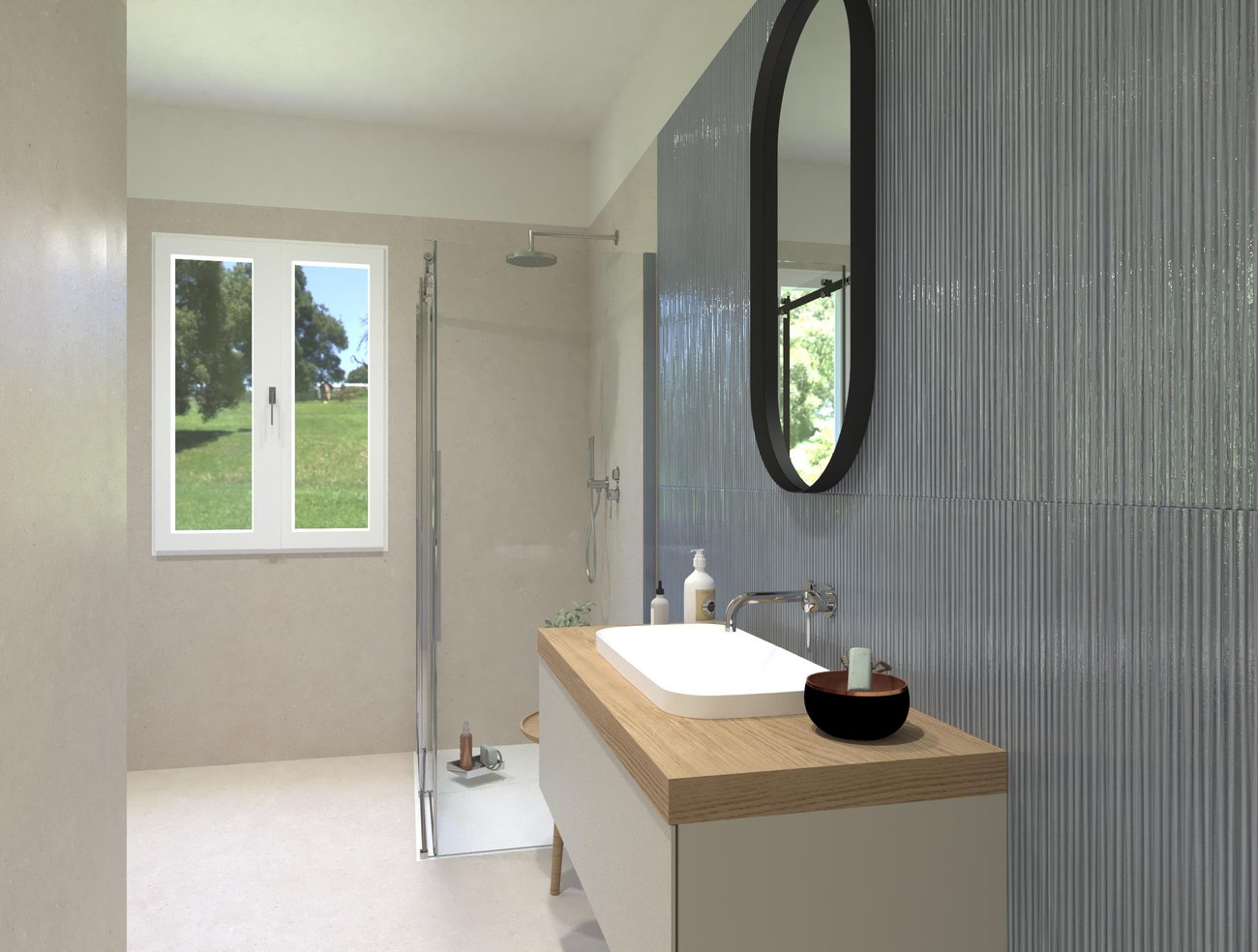 Immagine di progetto bagno di forma Rettangolare, realizzato con piastrelle a pavimento MATERIA PURA e piastrelle a rivestimento MATERIA BRILLANTE, MATERIA PURA