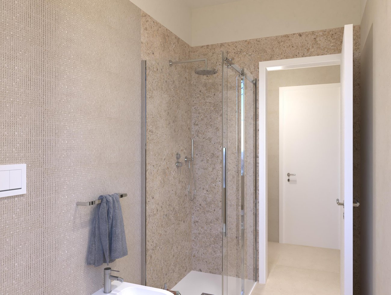 Immagine di progetto bagno di forma Rettangolare, realizzato con piastrelle a pavimento MATERIA PURA e piastrelle a rivestimento MATERIA CLASSICA, MATERIA PURA