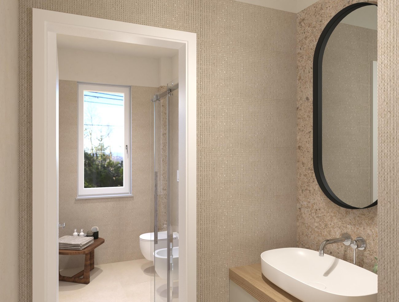 Immagine di progetto bagno di forma Rettangolare, realizzato con piastrelle a pavimento MATERIA PURA e piastrelle a rivestimento MATERIA CLASSICA, MATERIA PURA