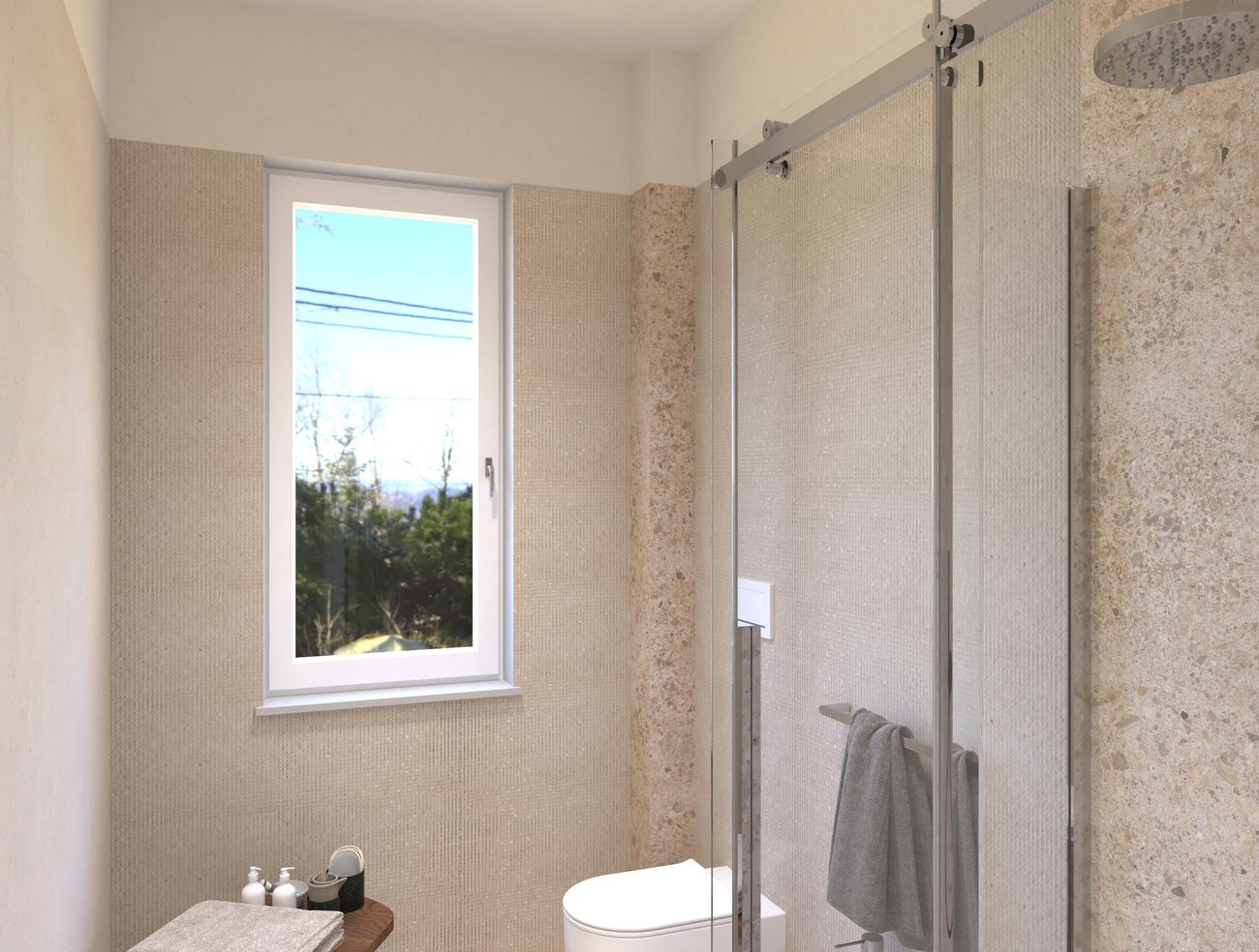 Immagine di progetto bagno di forma Rettangolare, realizzato con piastrelle a pavimento MATERIA PURA e piastrelle a rivestimento MATERIA CLASSICA, MATERIA PURA