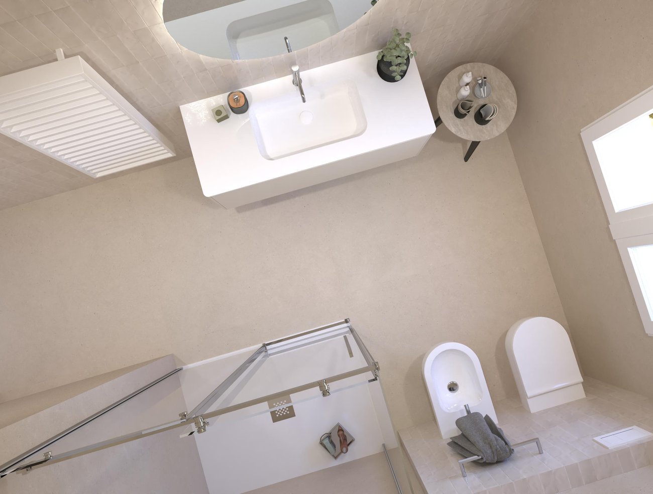 Immagine di progetto bagno di forma Rettangolare, realizzato con piastrelle a pavimento MATERIA PURA e piastrelle a rivestimento GLIM, MATERIA PURA