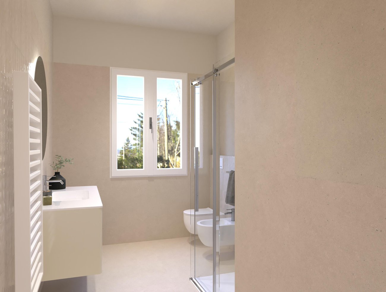 Immagine di progetto bagno di forma Rettangolare, realizzato con piastrelle a pavimento MATERIA PURA e piastrelle a rivestimento GLIM, MATERIA PURA