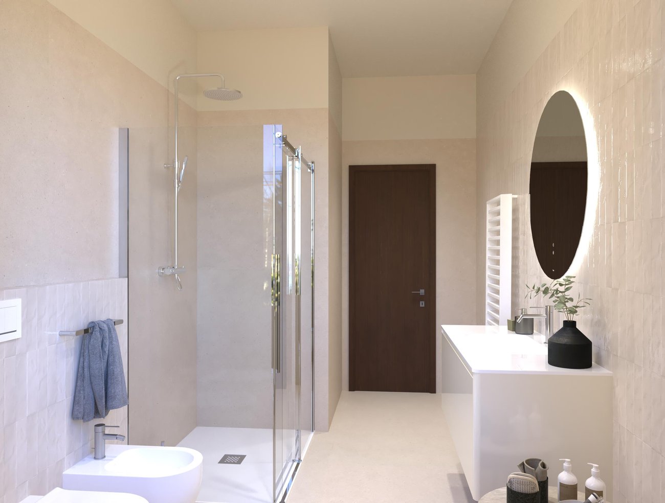 Immagine di progetto bagno di forma Rettangolare, realizzato con piastrelle a pavimento MATERIA PURA e piastrelle a rivestimento GLIM, MATERIA PURA