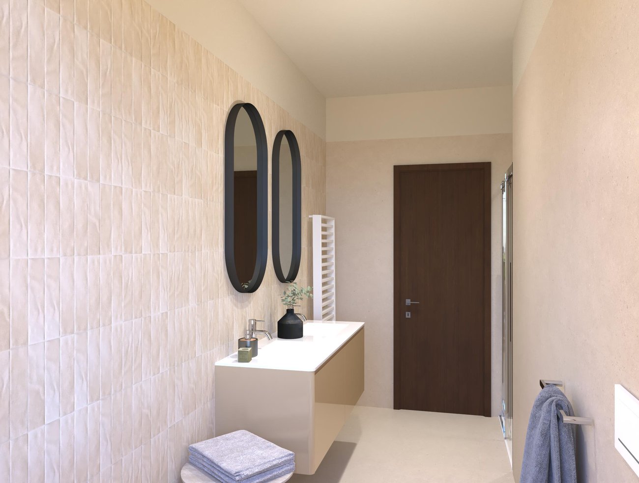 Immagine di progetto bagno di forma Rettangolare, realizzato con piastrelle a pavimento MATERIA PURA e piastrelle a rivestimento STILL, MATERIA PURA