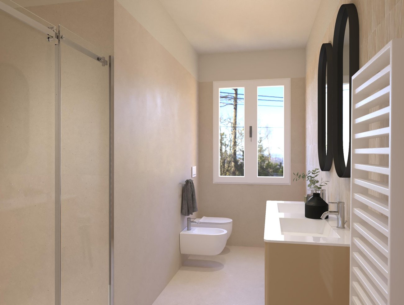 Immagine di progetto bagno di forma Rettangolare, realizzato con piastrelle a pavimento MATERIA PURA e piastrelle a rivestimento STILL, MATERIA PURA