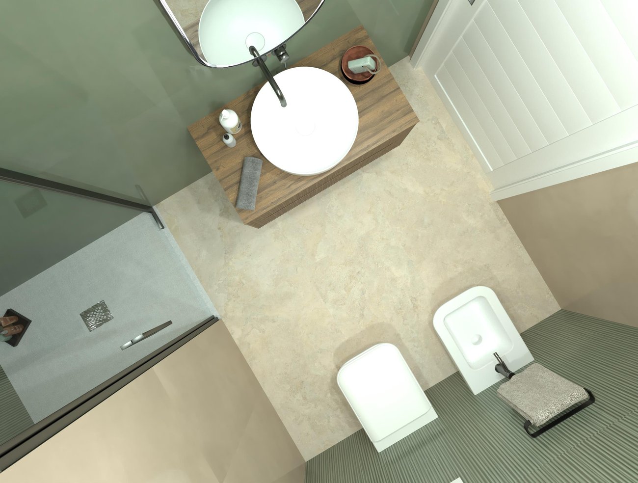 Immagine di progetto bagno di forma Rettangolare, realizzato con piastrelle a pavimento VENTO DEL SUD e piastrelle a rivestimento MATERIA BRILLANTE