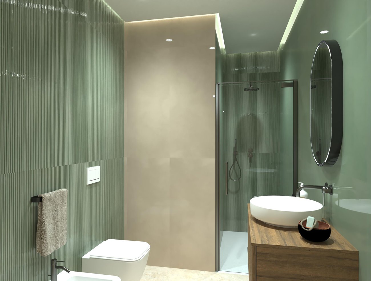 Immagine di progetto bagno di forma Rettangolare, realizzato con piastrelle a pavimento VENTO DEL SUD e piastrelle a rivestimento MATERIA BRILLANTE