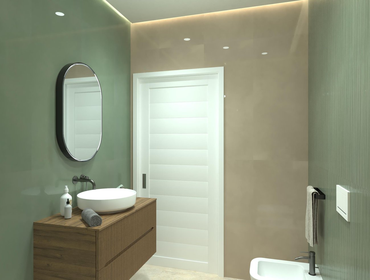Immagine di progetto bagno di forma Rettangolare, realizzato con piastrelle a pavimento VENTO DEL SUD e piastrelle a rivestimento MATERIA BRILLANTE
