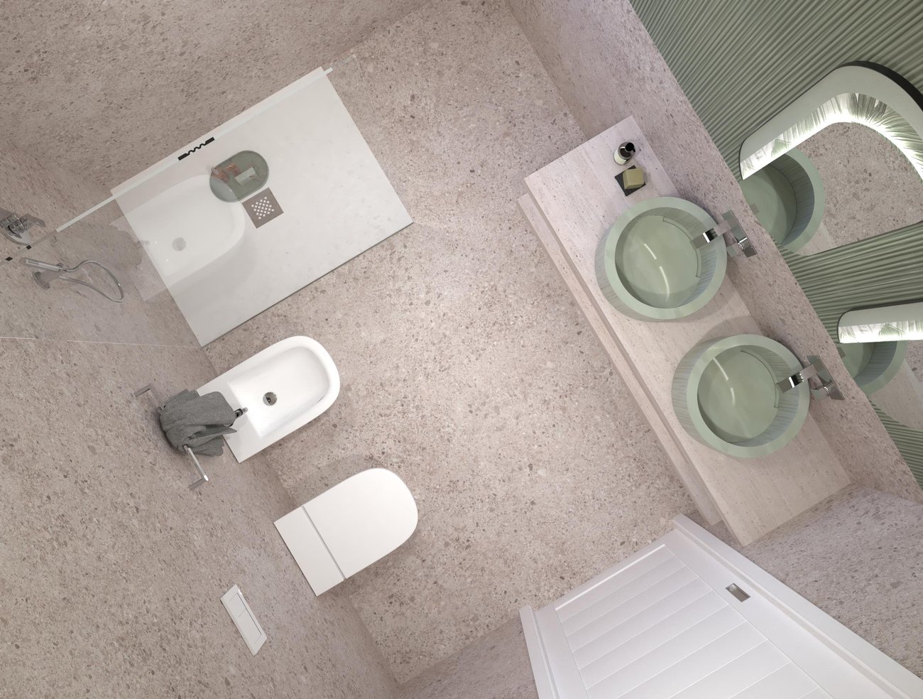 Immagine di progetto bagno di forma Rettangolare, realizzato con piastrelle a pavimento MATERIA CLASSICA e piastrelle a rivestimento MATERIA BRILLANTE, MATERIA CLASSICA