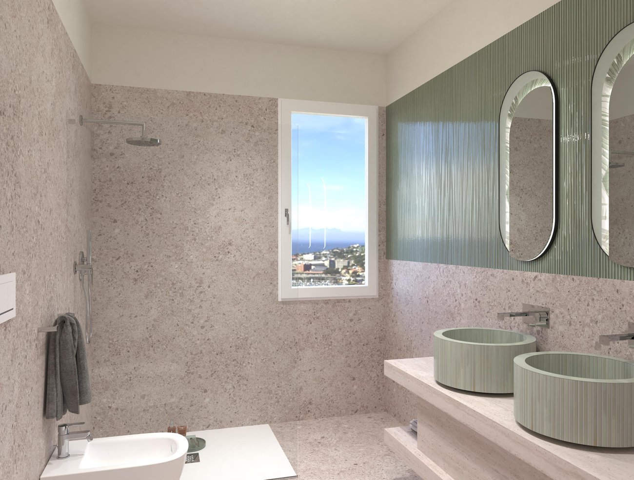 Immagine di progetto bagno di forma Rettangolare, realizzato con piastrelle a pavimento MATERIA CLASSICA e piastrelle a rivestimento MATERIA BRILLANTE, MATERIA CLASSICA