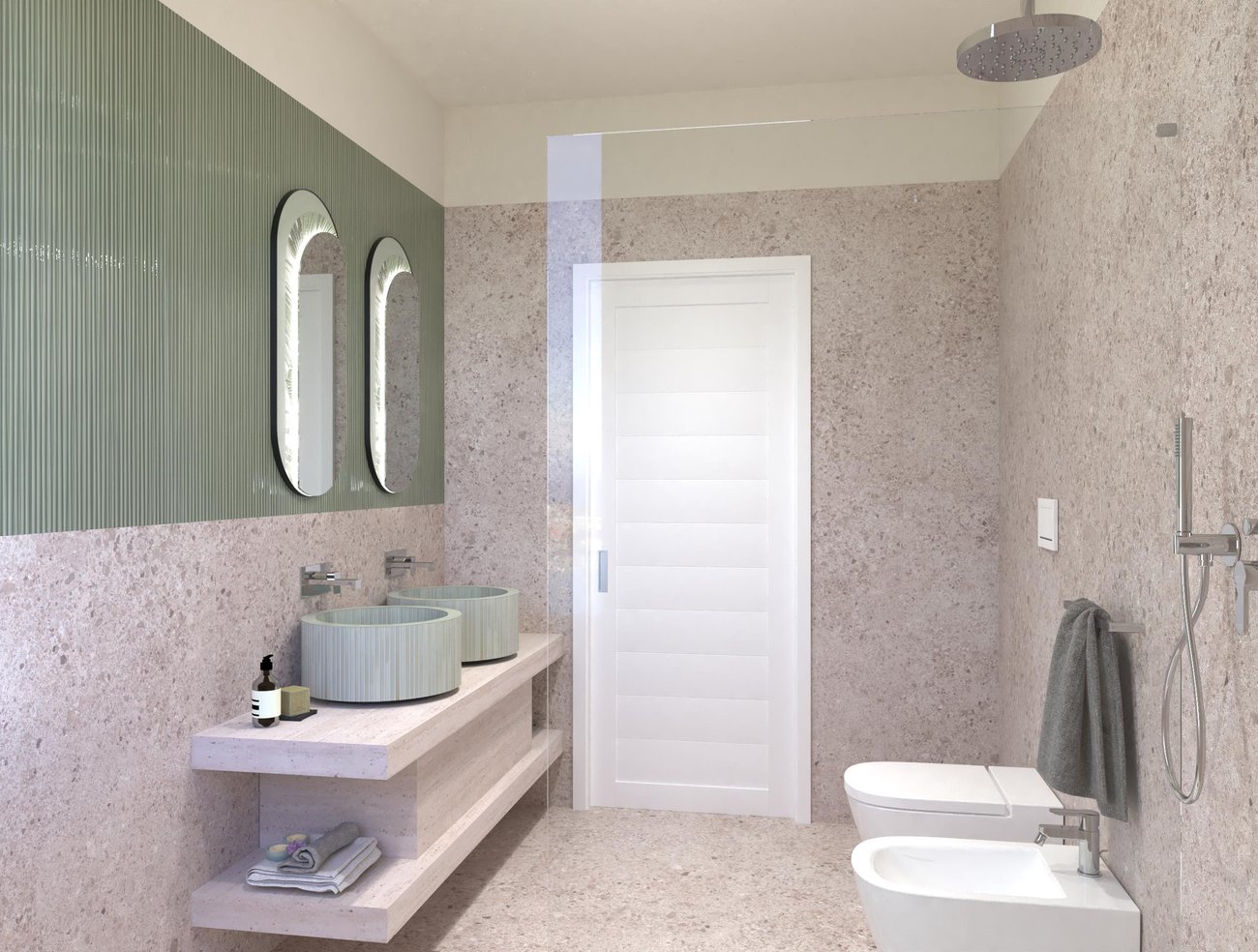Immagine di progetto bagno di forma Rettangolare, realizzato con piastrelle a pavimento MATERIA CLASSICA e piastrelle a rivestimento MATERIA BRILLANTE, MATERIA CLASSICA