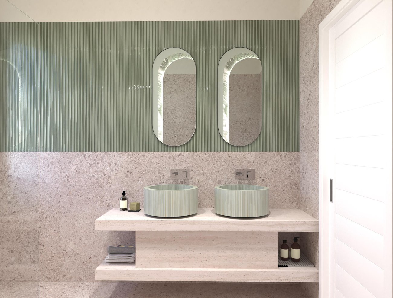 Immagine di progetto bagno di forma Rettangolare, realizzato con piastrelle a pavimento MATERIA CLASSICA e piastrelle a rivestimento MATERIA BRILLANTE, MATERIA CLASSICA