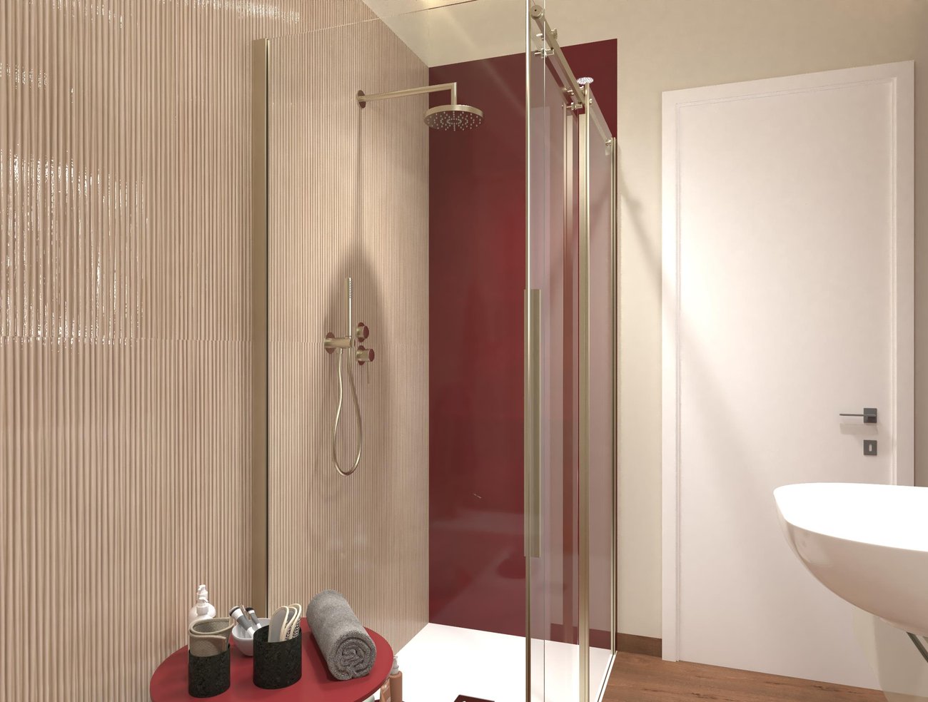 Immagine di progetto bagno di forma Rettangolare, realizzato con piastrelle a pavimento ROOTS e piastrelle a rivestimento MATERIA BRILLANTE