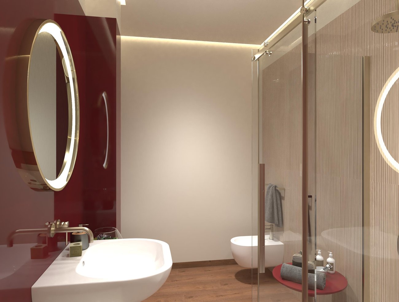 Immagine di progetto bagno di forma Rettangolare, realizzato con piastrelle a pavimento ROOTS e piastrelle a rivestimento MATERIA BRILLANTE