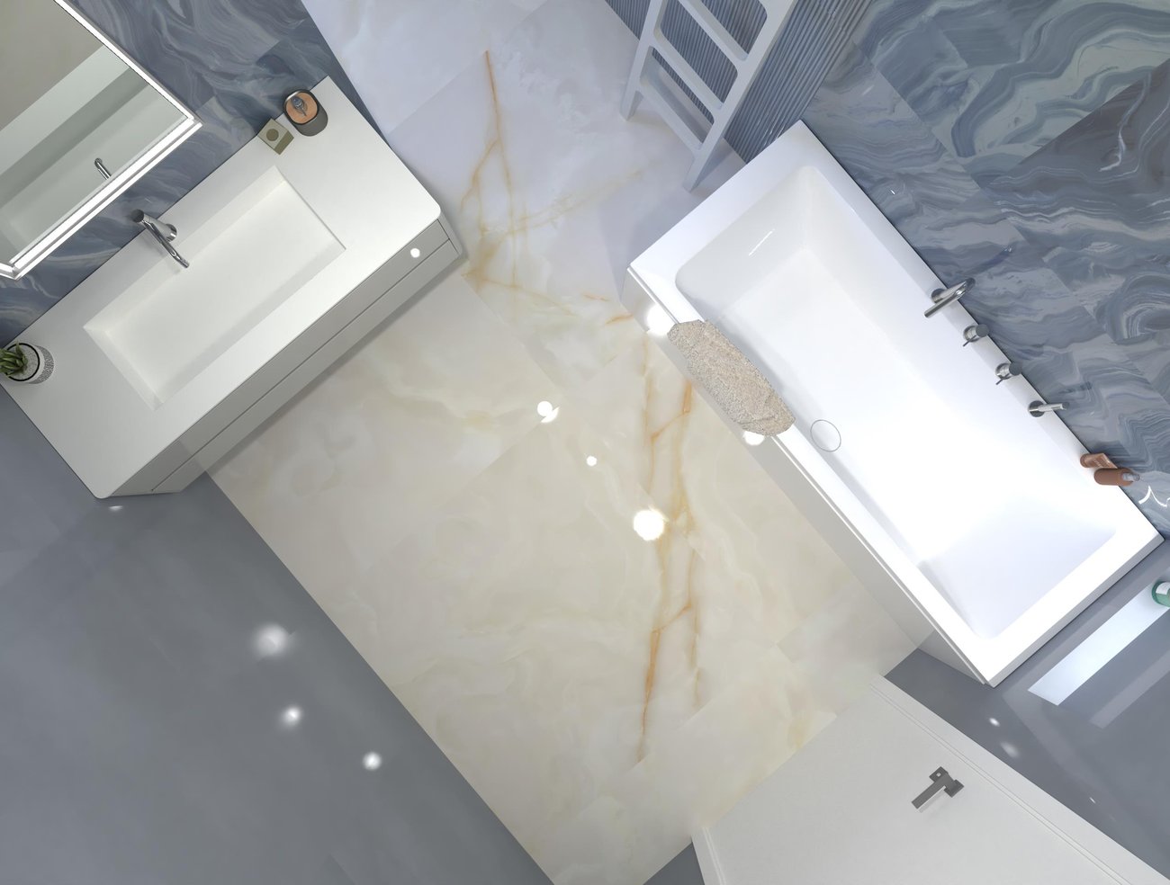 Immagine di progetto bagno di forma Rettangolare, realizzato con piastrelle a pavimento GEMME e piastrelle a rivestimento MATERIA BRILLANTE