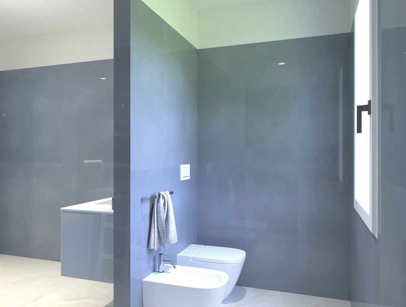 Immagine di progetto bagno di forma Rettangolare, realizzato con piastrelle a pavimento GEMME e piastrelle a rivestimento MATERIA BRILLANTE