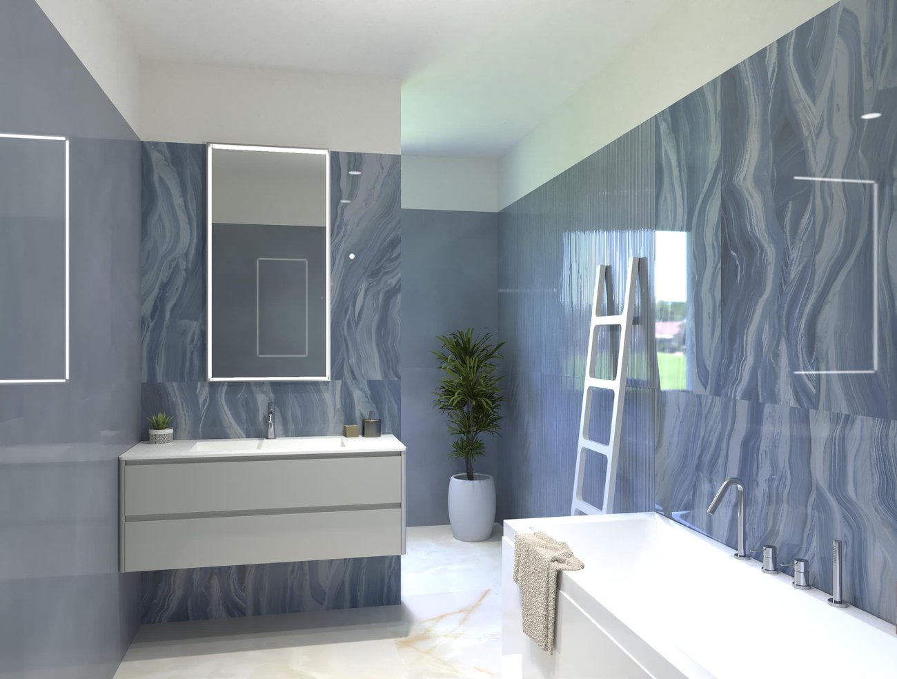 Immagine di progetto bagno di forma Rettangolare, realizzato con piastrelle a pavimento GEMME e piastrelle a rivestimento MATERIA BRILLANTE