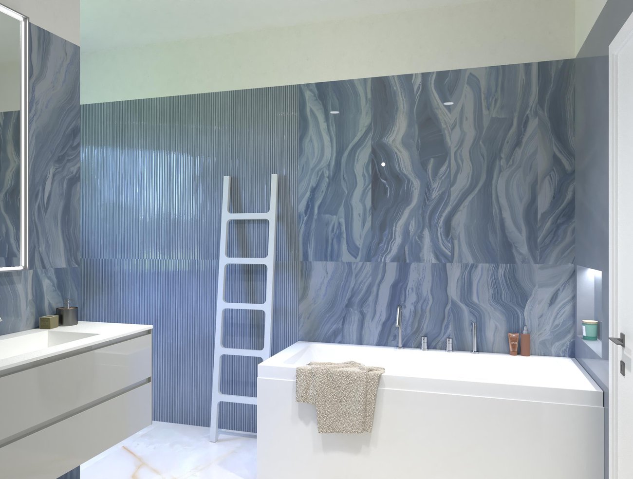 Immagine di progetto bagno di forma Rettangolare, realizzato con piastrelle a pavimento GEMME e piastrelle a rivestimento MATERIA BRILLANTE