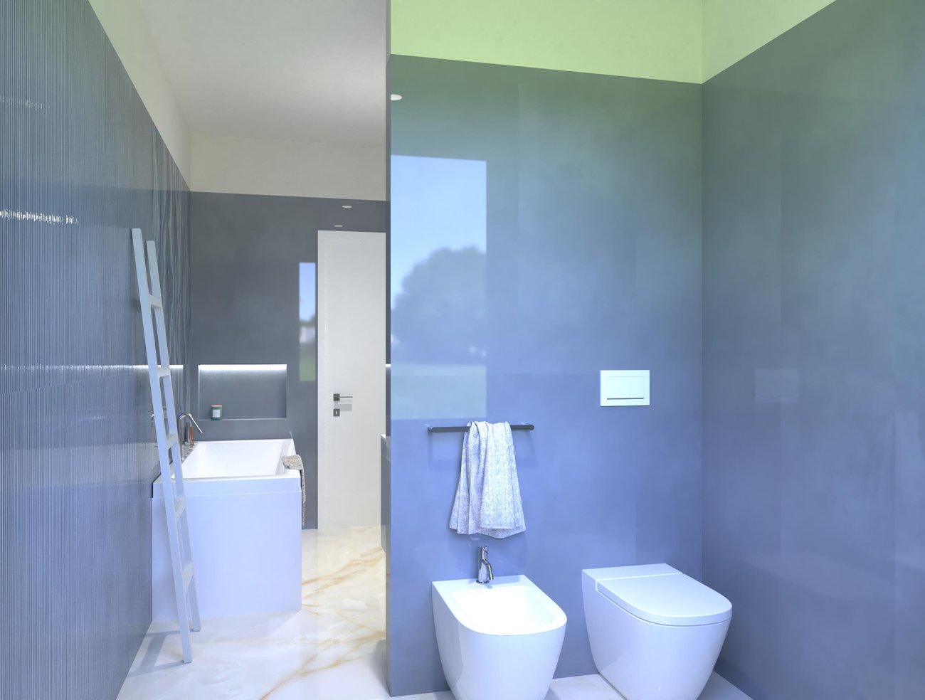 Immagine di progetto bagno di forma Rettangolare, realizzato con piastrelle a pavimento GEMME e piastrelle a rivestimento MATERIA BRILLANTE