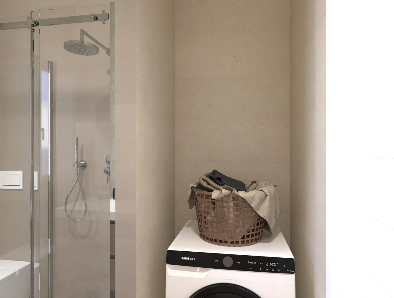 Immagine di progetto bagno di forma Rettangolare, realizzato con piastrelle a pavimento MATERIA PURA e piastrelle a rivestimento MATERIA PURA